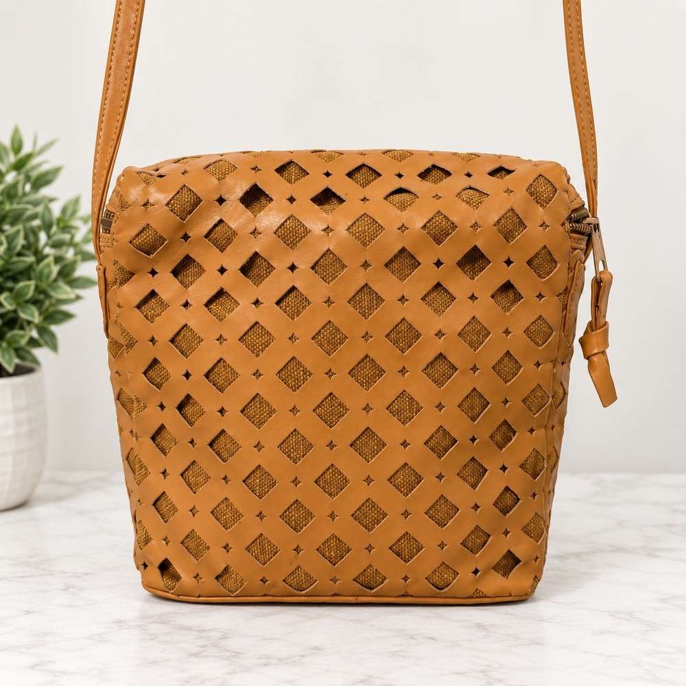 Neiman Marcus Collection Tan Leather Laser Cut Crossbody Bag Made in Italy